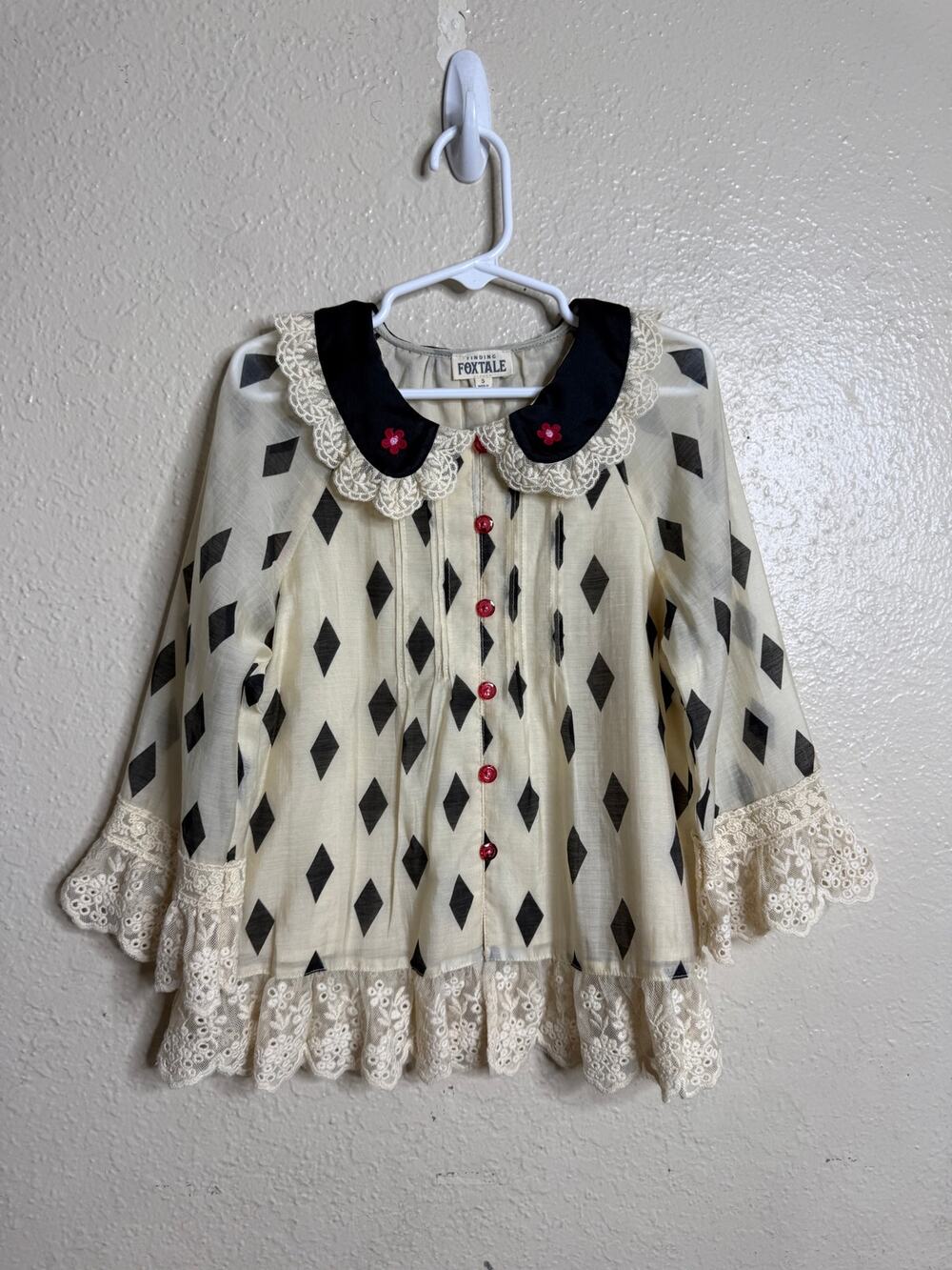 Finding Foxtale Girls Diamond Print Lace Peter Pan Collar Top Size 5 NWOT